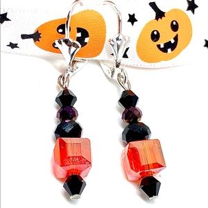 Halloween Orange Crystal Cube Prpl Black Earrings